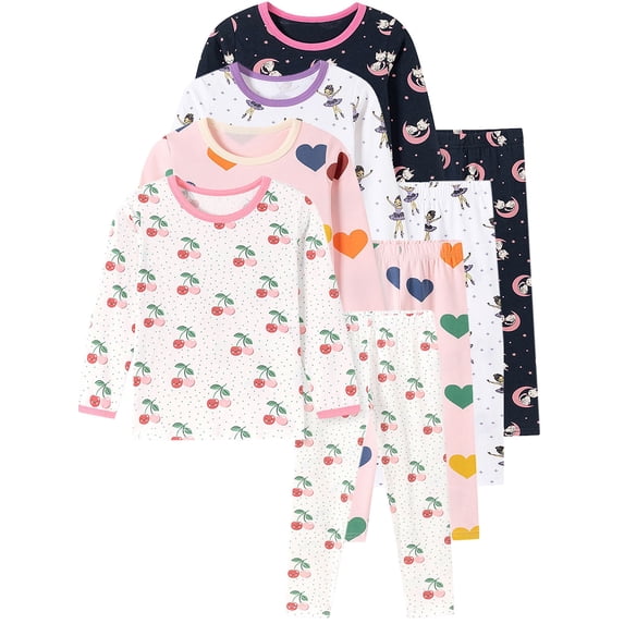 WIBACKER 2-7 Years Toddler and Little Girls' Long Sleeve Pajamas Set Cotton Top and Pants 2 Piece Sleepwear Pjs - Cherry