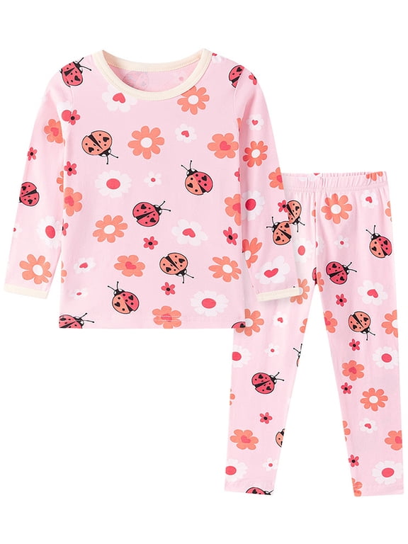 2-7 Years Toddler and Little Girls' Long Sleeve Pajamas Set Cotton Top and Pants 2 Piece Sleepwear Pjs - Ladybug