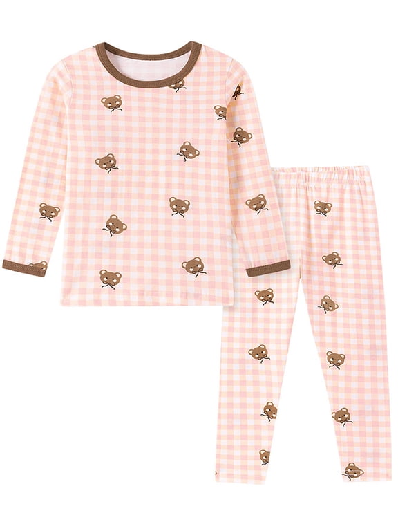 2-7 Years Toddler and Little Girls' Long Sleeve Pajamas Set Cotton Top and Pants 2 Piece Sleepwear Pjs - Plaid Bears