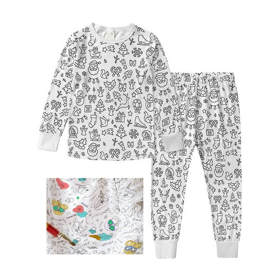 WIBACKER Color Your Own Pajamas for Big Girls Boys, Kids DIY 2PCS Cotton Pjs Sleepwear Set - Christmas 8 Years