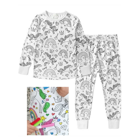 WIBACKER Color Your Own Pajamas for Big Girls, Kids DIY 2PCS Cotton Pjs Sleepwear Set - Unicorn 8 Years
