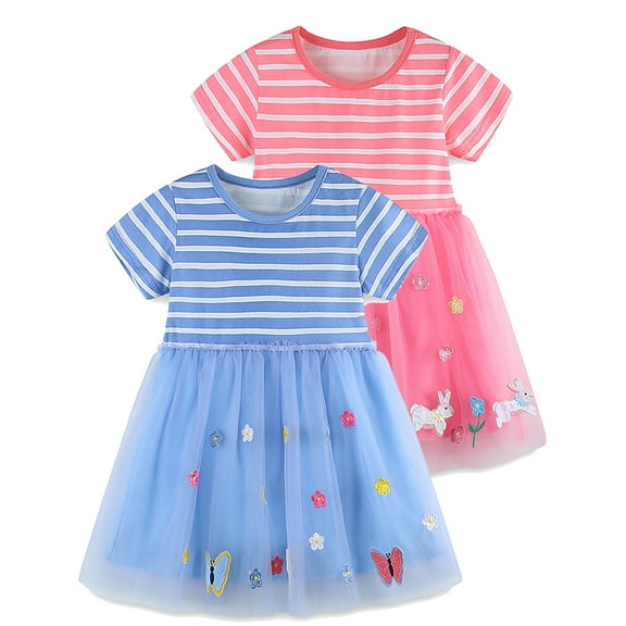WIBACKER 2-7T Kids Baby Girl Striped Tutu Dress Summer Tulle Party Birthday Cotton Dresses for Kids - Pink Rabbit