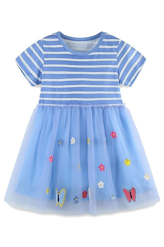 2-7T Kids Baby Girl Striped Tutu Dress Summer Tulle Party Birthday Cotton Dresses for Kids - Rabbit
