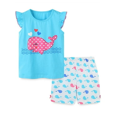 WIBACKER 2-7T Kids Baby Girls Summer Outfit 100% Cotton Short Sleeve Top and Shorts Clothing Set - Whale