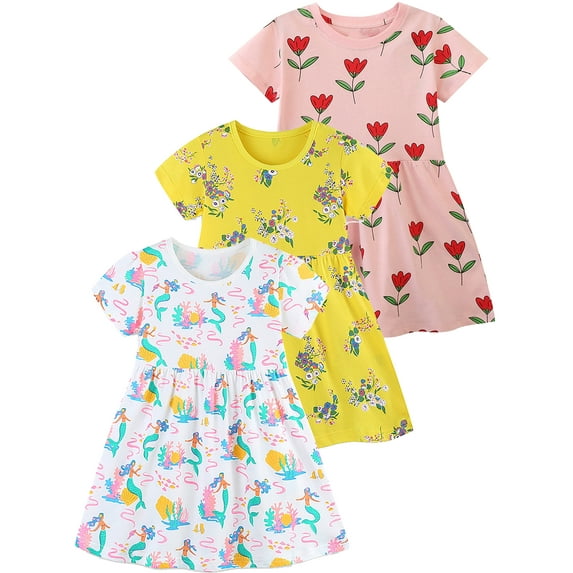 WIBACKER 2-7T Kids Girls Summer Casual Dresses Cotton Short Sleeve Crew Neck Dress for Toddler - 1 Piece Mermaid