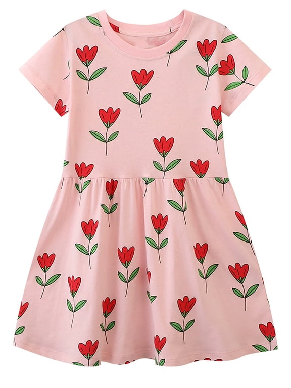 2-7T Toddler Girls Summer Pink Flowers Cotton Short Sleeve Casual Dress 3T