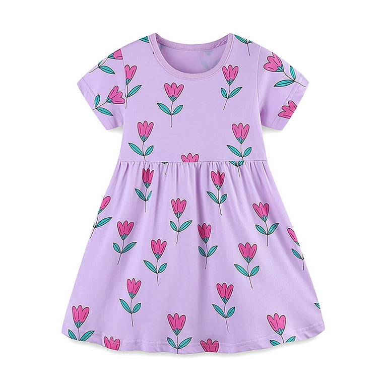 Wibacker 2 7t Kids Girls Summer Purple Flowers Casual Dresses Cotton Short Sleeve Crew Neck Dress for Toddler