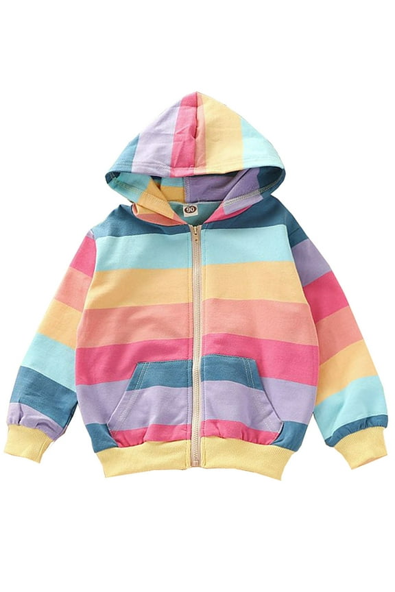 2-7T Kids Girls and Toddlers' Cotton Zip-Up Hoodie Striped Sweatshirt Baby Rainbow Jacket