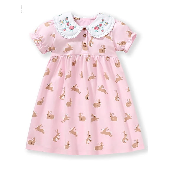 WIBACKER 2-7T Kids Toddler Girls Cotton Thin Summer Dress Lapel Short Sleeve Dresses With Rabbit Decor