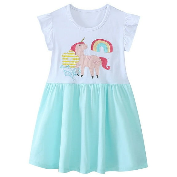 WIBACKER 2-7T Little Girl Cotton Casual Dress Ruffled Sleeve Unicorn Tunic Shirt Dresses