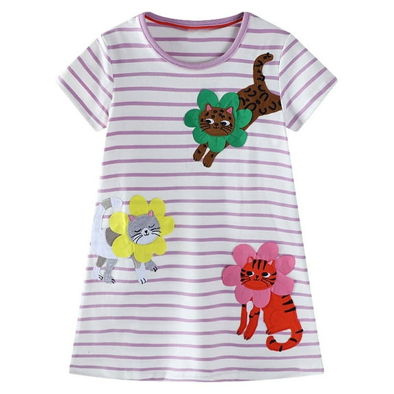 WIBACKER 2-7T Little Girl Cotton Casual Dress Short Sleeve Stripes Animals T-shirt Dresses