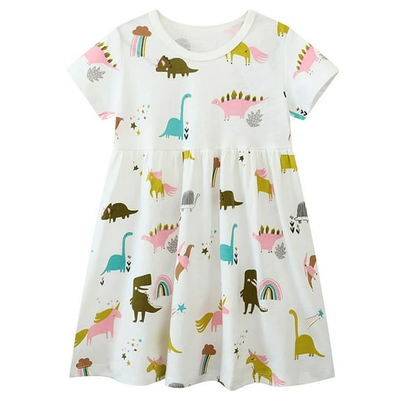 WIBACKER 2-7T Little Girl Cotton Casual Dress Summer Short Sleeve Dinosaur Tunic Dresses