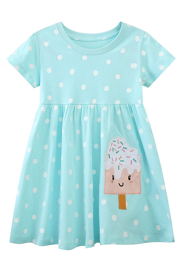 2-7T Little Girl Short Sleeve Dress Ice Cream Cotton Casual Applique Tunic Shirt Dresses