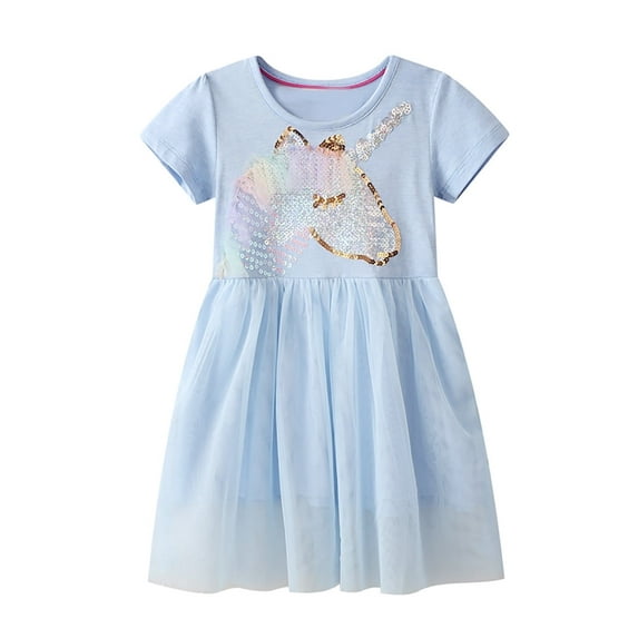 WIBACKER 2-7T Little Girls Cotton Casual Dress Sequins Unicorn Princess Tulle Skirt Dresses for Kids