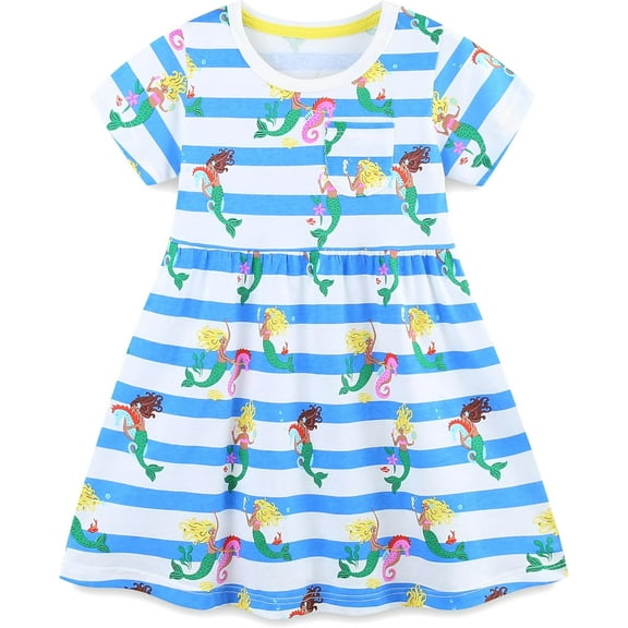 WIBACKER 2-7T Little Girls Cotton Dress Short Sleeve Casual Summer Dresses for Kids - Cute Mermaid