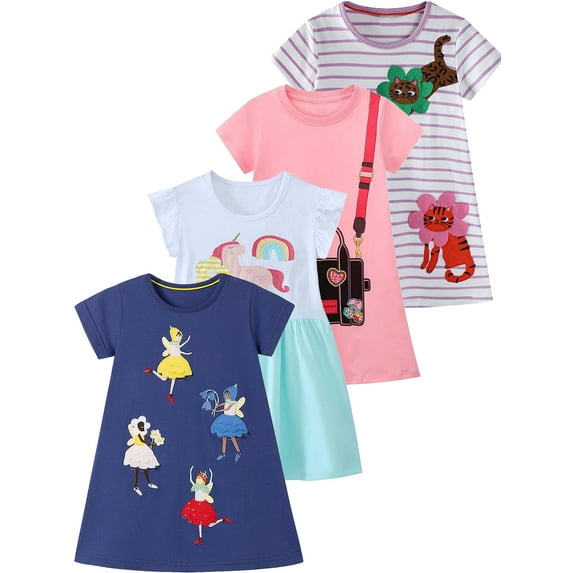 WIBACKER 2-7T Little Girls Dress Cotton Casual Short Sleeve Appliques Jersey A-line Dresses