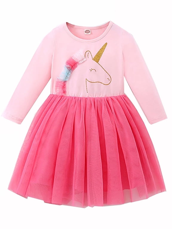 2-7T Little Girls' Long Sleeve Tulle Dress Fall Winter Christmas Dresses - Unicorn