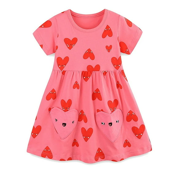 WIBACKER 2-7T Little Girls Short Sleeve Dress Hearts Cotton Casual Summer Jersey Dresses with Pockets