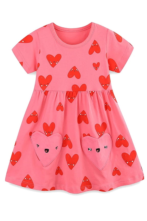 2-7T Little Girls Short Sleeve Dress Hearts Cotton Casual Summer Jersey Dresses with Pockets
