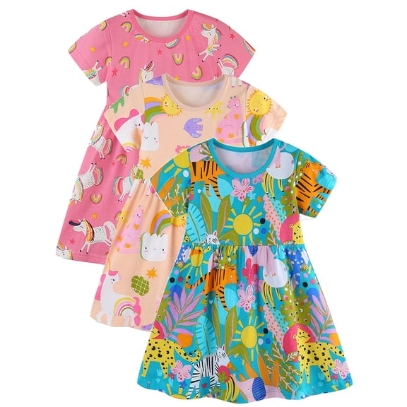 WIBACKER 2-7T Toddler Girl Boho Holiday Casual Dress Short Sleeve Summer Dresses for Kids - 1 Piece Blue Forest