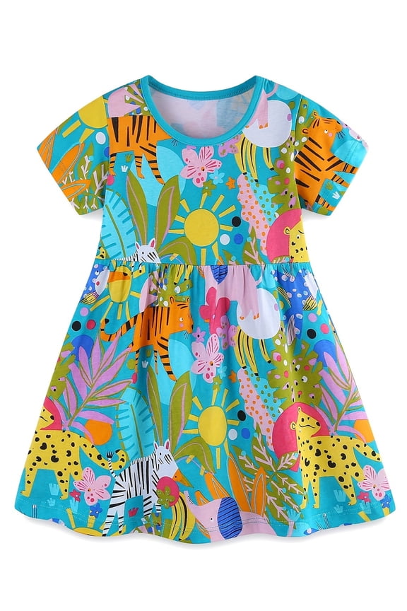 2-7T Toddler Girl Boho Holiday Casual Dress Short Sleeve Summer Dresses for Kids - Blue Forest
