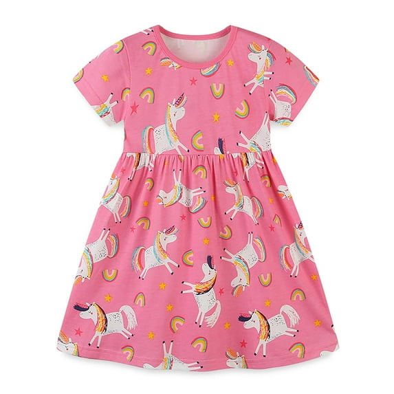 WIBACKER 2-7T Toddler Girl Boho Holiday Casual Dress Short Sleeve Summer Dresses for Kids - Pink Unicorn