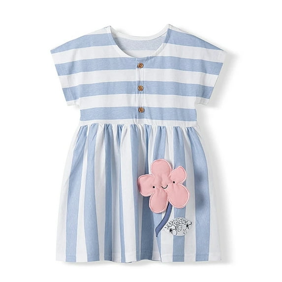 WIBACKER 2-7T Toddler Girls Cotton Dress Striped Applique Flowers Short Sleeve Summer Sundress