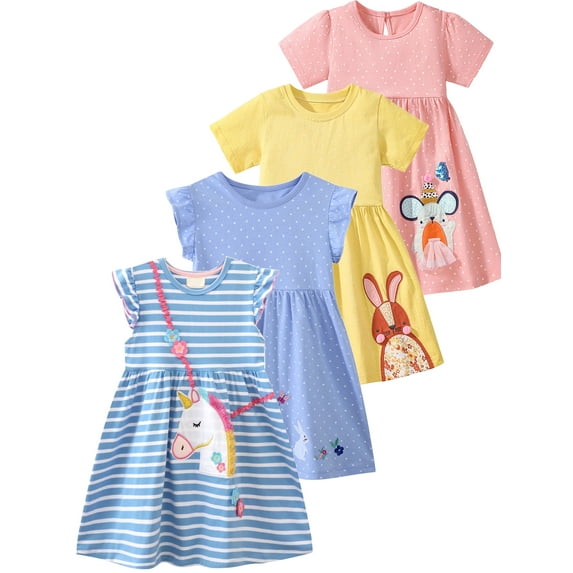 WIBACKER 2-7T Toddler Girls Cotton Fluffy Casual Dress Appliques Jersey Dresses for Kids - Striped Unicorn