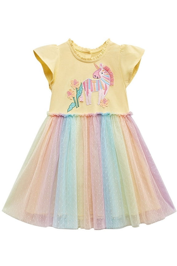 2-7T Toddler Girls Cotton Fluffy Casual Dress Appliques Unicorn Jersey Tutu Dresses 3T