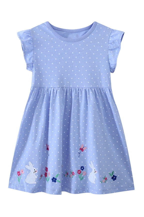 2-7T Toddler Girls Cotton Fluffy Casual Dress Rabbit Appliques Polka Dot Jersey Dresses for Kids