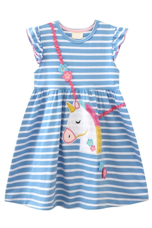 2-7T Toddler Girls Cotton Fluffy Casual Dress Unicorn Appliques Striped Jersey Dresses for Kids