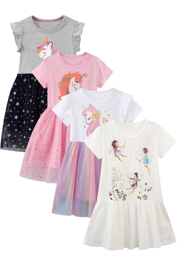 2-7T Toddler Girls Dress Short Sleeve Tunic A-Line Tiered Swing Dresses for Little Kids - 1Pcs White Fairy