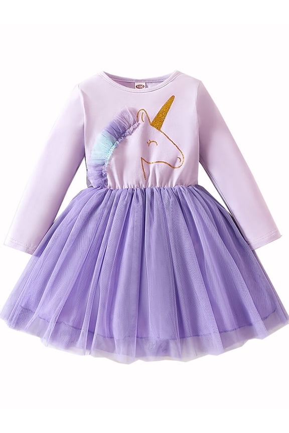 2-7T Little Girls' Long Sleeve Tulle Dress Fall Winter Christmas Dresses - Unicorn
