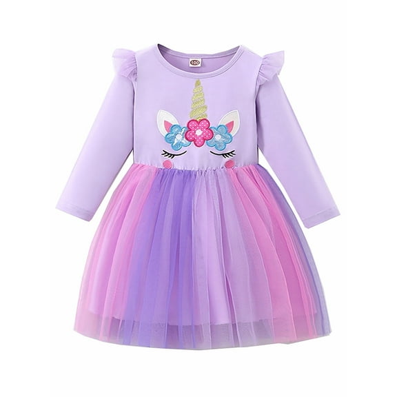 WIBACKER 2-7T Little Girls' Long Sleeve Tulle Dress Fall Winter Christmas Dresses - Unicorn