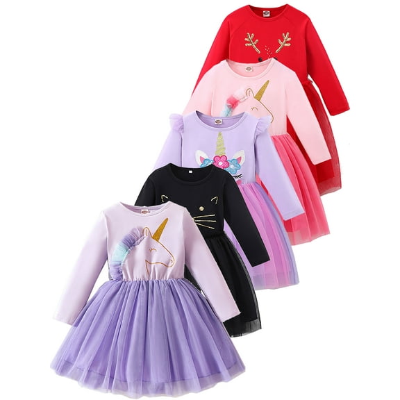 WIBACKER 2-7T Toddler Girls' Long Sleeve Tulle Dress Fall Winter Christmas Dresses - Unicorn
