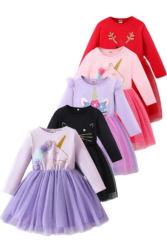 2-7T Toddler Girls' Long Sleeve Tulle Dress Fall Winter Christmas Dresses - Unicorn