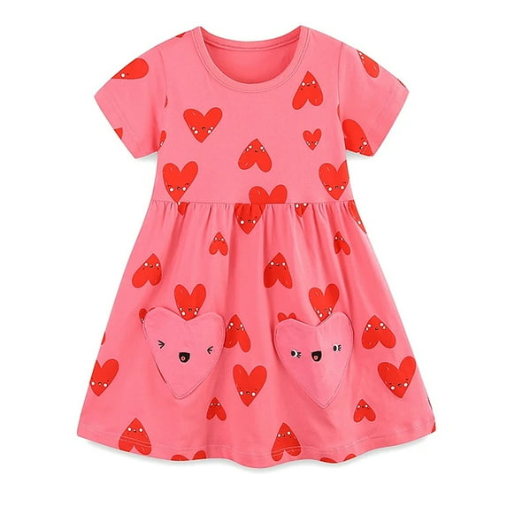 WIBACKER 2-7T Toddler Girls Short Sleeve Dress Hearts Cotton Casual Summer Jersey Dresses with Pockets