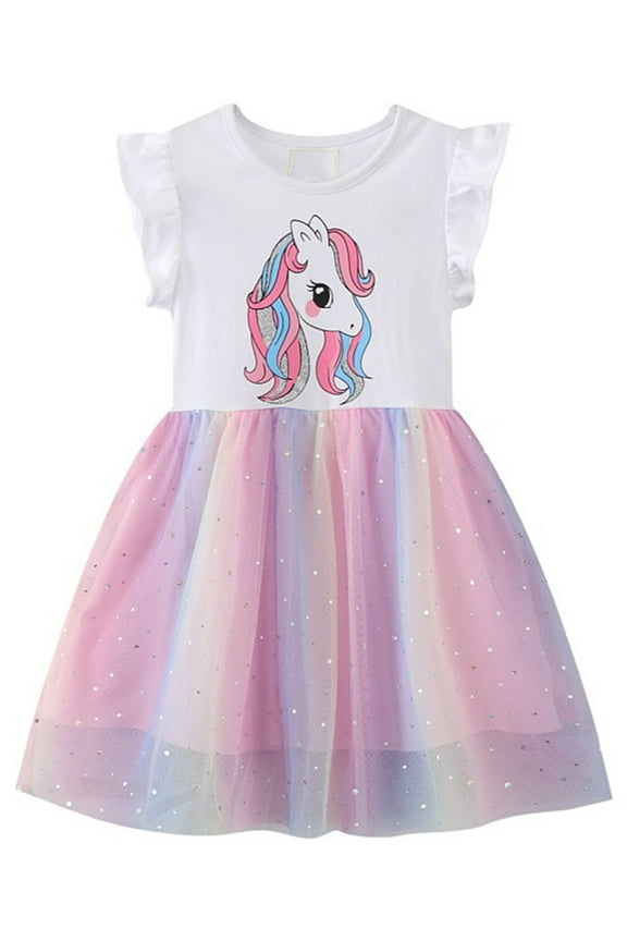 2-7T Toddler Girls Tutu Dresses Cute Unicorn Casual Tulle Skirt Dress for Summer Home School Party