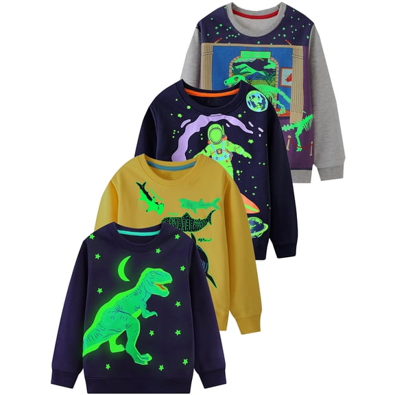 WIBACKER 2-7T Toddler Little Boy's Glow in the Dark Sweatshirts Novelty Crewneck Pullover Cotton Graphic Tops Sweater Shirts - Dinosaur