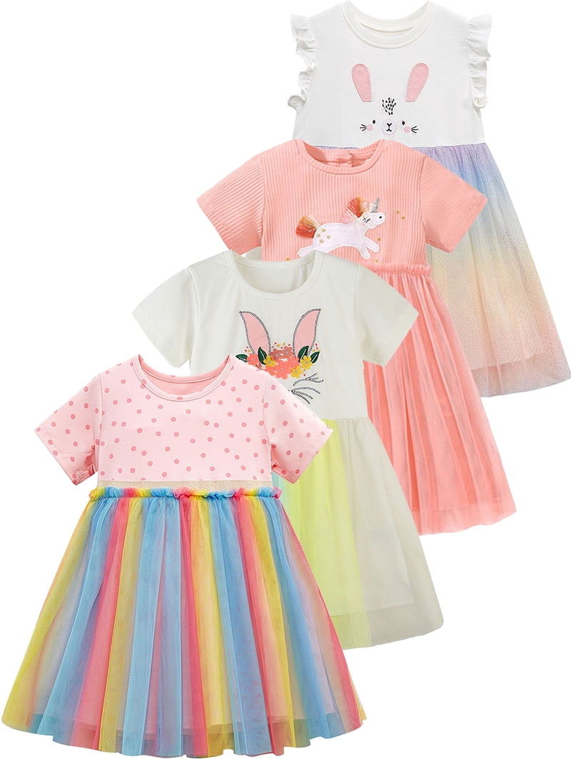 Wibacker 2-7t Toddler Little Girl Tutu Tulle Dress with Rainbow Skirt Short Sleeve Birthday Party Sundress - 1 Piece
