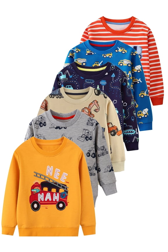 2-7T Toddler and Little Boy's Fire Truck French Terry Cotton Crewneck Long Sleeve Sweatshirt - 1 Piece