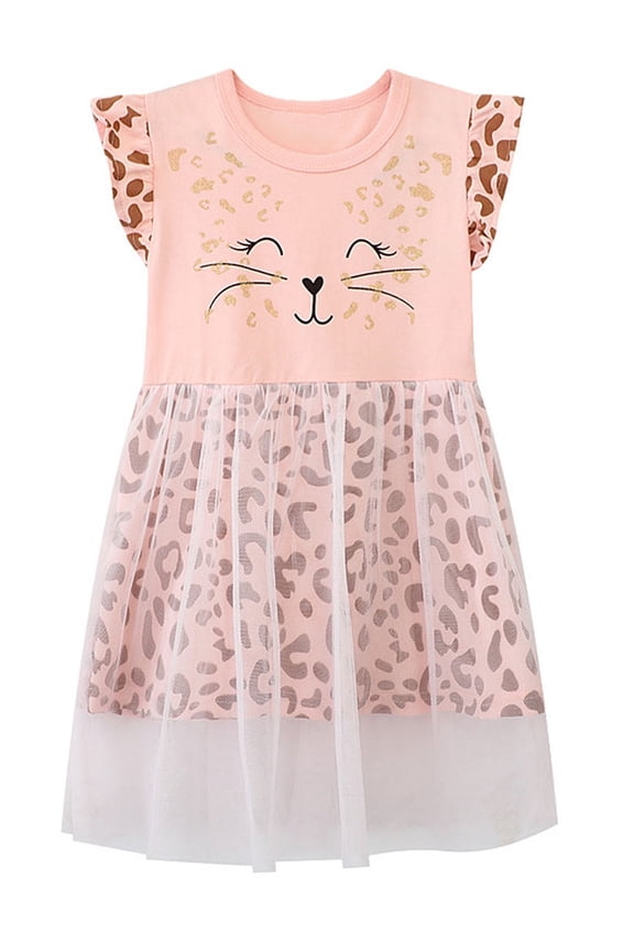 2-7T Toddler and Little Girls Cotton Tulle Skirt Dress Leopard Cat Summer Tutu Dresses