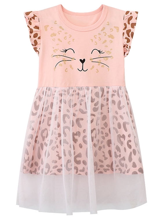2-7T Toddler and Little Girls Cotton Tulle Skirt Dress Leopard Cat Summer Tutu Dresses