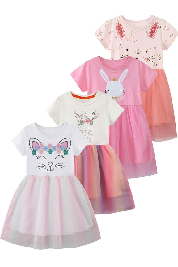 2-7T Toddler and Little Girls Cotton Tulle Skirt Dress Summer Princess Dresses Easter - 1Pcs Flower Rabbit