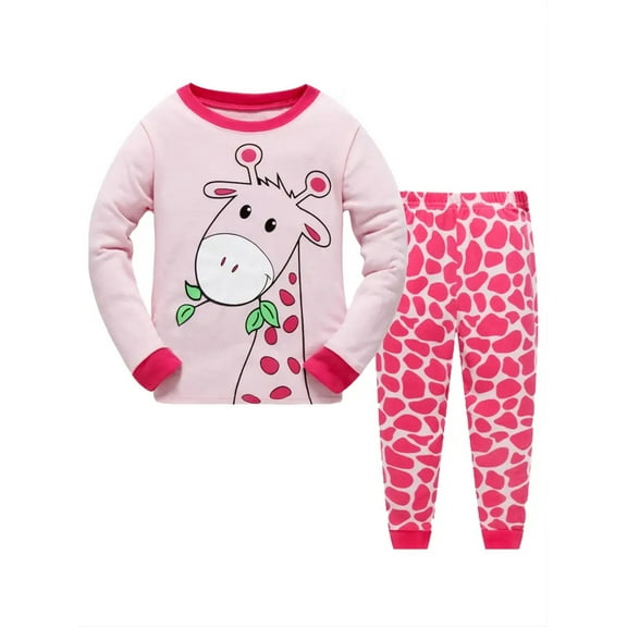 WIBACKER 2-7T Toddlr and Little Girls' Long Sleeve Top and Pants Snug Fit 100% Cotton 2 Piece Pajama Set - Giraffe