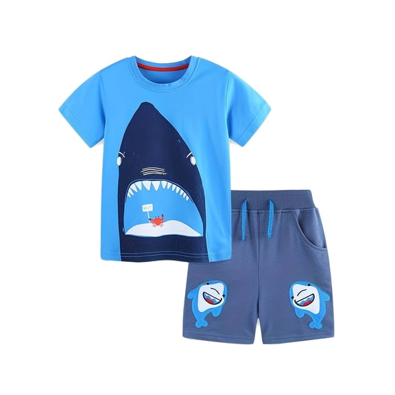 WIBACKER 2-7Y Toddler Boy Summer 100% Cotton Clothing Set Shark Short Sleeve Tee and Shorts with Pockets Kids 2 Piece Outfits