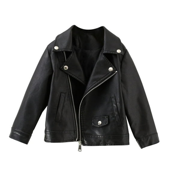 WIBACKER 2-8T Kid Boy Girl's Faux Leather Biker Jacket Oblique Zipper Black Leather Motorcycle Coat