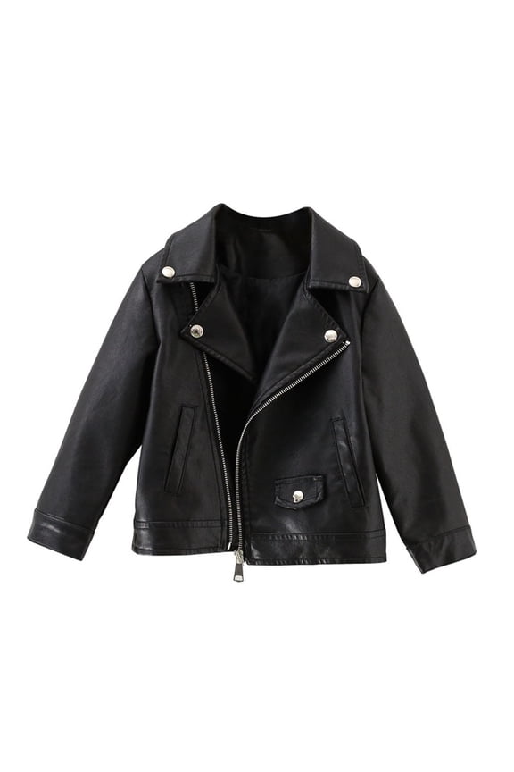 2-8T Kid Boy Girl's Faux Leather Biker Jacket Oblique Zipper Black Leather Motorcycle Coat
