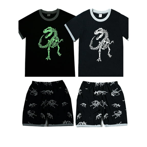WIBACKER 2-8Y Boys Glow in Dark Pajamas Sets Cotton Dinosaur 2-Piece Summer Sleepwear for Kids