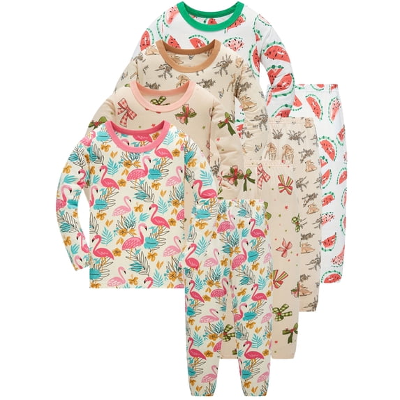 WIBACKER 2-8Y Kids Girls' Long Sleeve Pajamas Set Toddler 100% Cotton Top and Pants 2 Piece Sleepwear Pjs - Flamingo